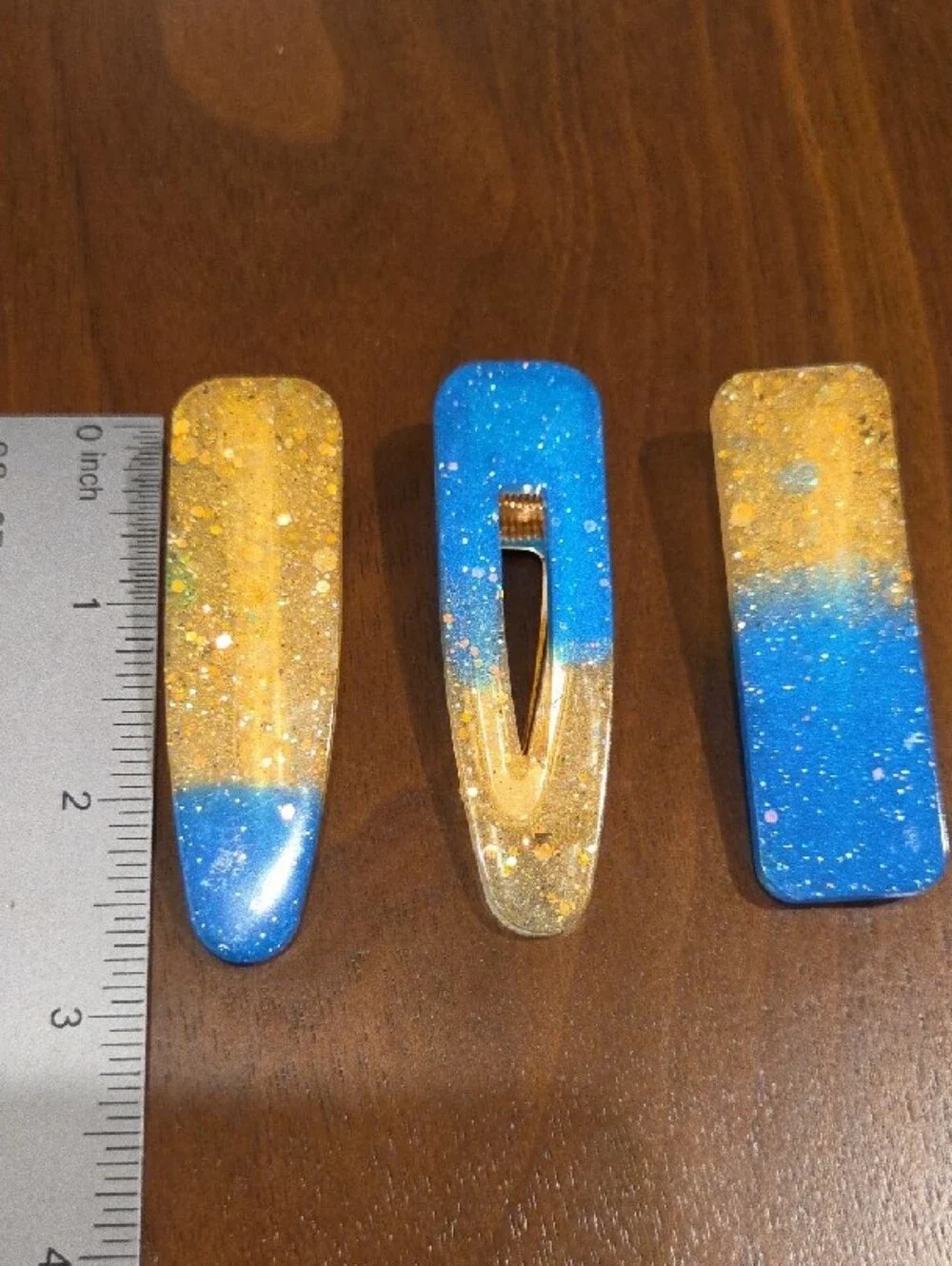 Hand Crafted Blue and Gold Glitter Hair Clips Set of 3
